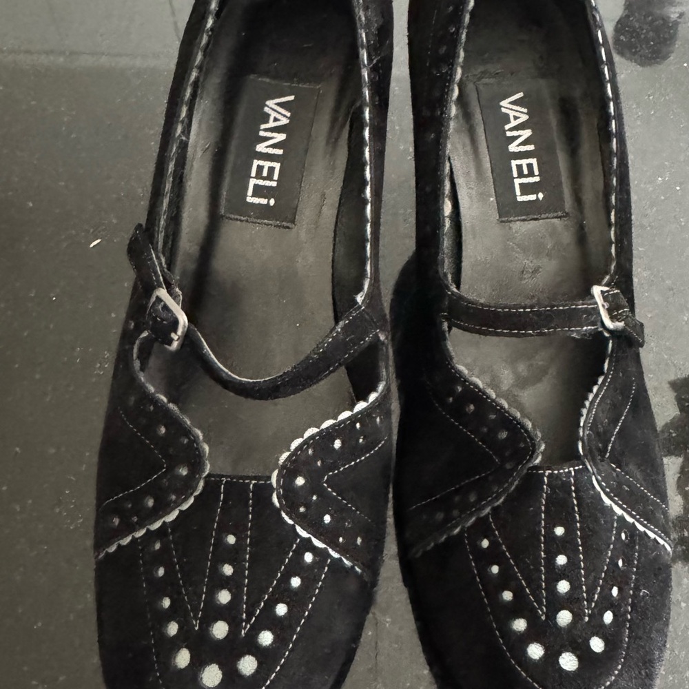 Vaneli Black Suede Flats with White Stitching